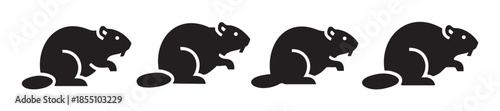 Four identical black beaver silhouettes standing in a row, representing wildlife, nature, and construction in a simple graphic illustration.