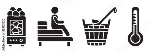 Sauna elements icons set featuring a heater, person on bench, bucket with ladle, and thermometer, representing relaxation and wellness.