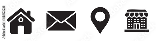 These essential contact information icons represent home address, email, location, and a business storefront for various communication needs.
