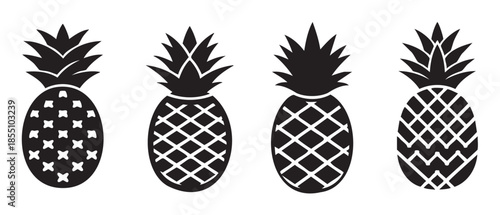 Four black silhouette pineapple icons with various patterns, perfect for tropical fruit designs, summer themes, and vacation-related graphic elements.