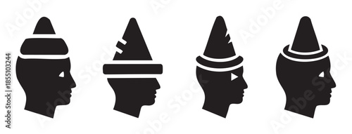 Four human heads wearing various pointed hats, depicted as simple black silhouettes in a row, representing concepts of learning, stupidity, or celebration.