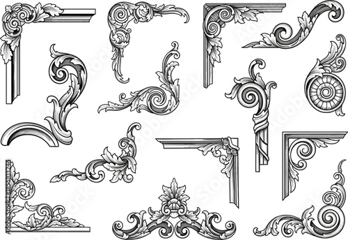 Set of vintage baroque ornamental corners and floral filigree decorative elements in black and white vector style for elegant frame design.