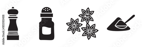 Cooking seasoning and spice icons collection showcasing essential kitchen ingredients and tools for culinary arts and food preparation.