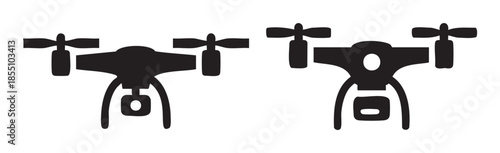 Two black drone icons representing modern aerial technology and surveillance, perfect for digital interfaces and futuristic concepts.