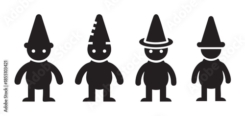 Four simple garden gnome figures stand in a row, each wearing a unique pointy hat design, presented as a set of black silhouette icons.