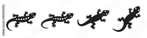 Four black lizard silhouettes are depicted in a simple graphic style, showcasing various poses and patterns, perfect for diverse design projects and illustrations.