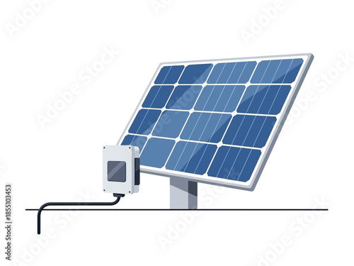 Solar panel with electrical box and connecting cable on a white background, representing renewable energy and sustainability