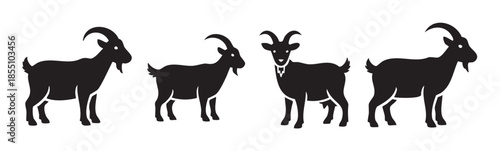 Four black goat silhouettes standing in a row, showcasing various poses and characteristics, perfect for farm animal or livestock-related design elements.