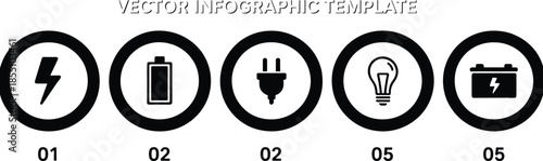 Modern vector infographic template with energy icons, circular steps, power symbols, business presentation layout, clean corporate design elements