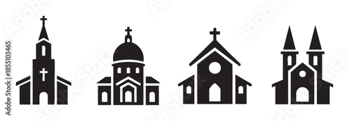 Four different church building icons representing various architectural styles and religious structures, symbolizing faith, worship, and spirituality.