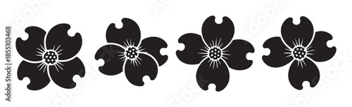 Stylized dogwood flowers arranged in a horizontal row, featuring a simple black and white graphic illustration with a minimalist aesthetic.