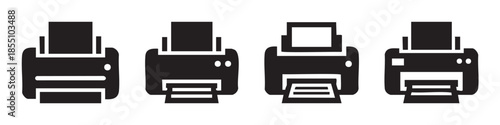Four different printer icons representing printing technology and document output, essential for office equipment and digital communication.