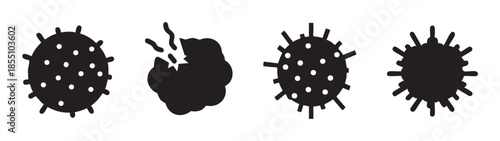 Four distinct virus and bacteria icons illustrating infection, disease, and immune system response in a simple black silhouette style.