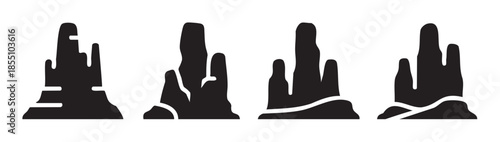 Four distinct rock formations depicted as black silhouettes with varied shapes, lines, and textures, representing natural geological structures.