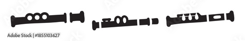 Three black graphic flute musical instruments vector illustration showcasing different sections of the wind instrument in a minimalist and clean design.