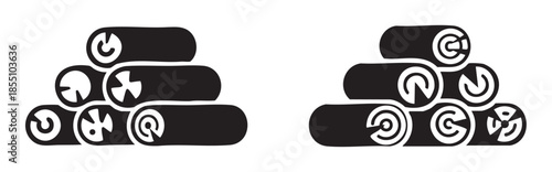 Two stacks of cylindrical batteries with different power symbols, illustrating concepts of energy, charge, and potential hazards in a simple graphic design.