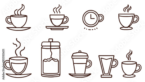 A collection of stylized coffee cups and a clock.