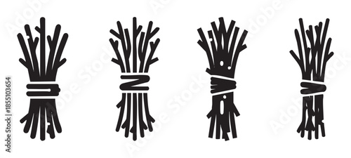Four distinct bundles of tied sticks and branches are illustrated as simple black graphic icons, representing natural resources and rustic elements.