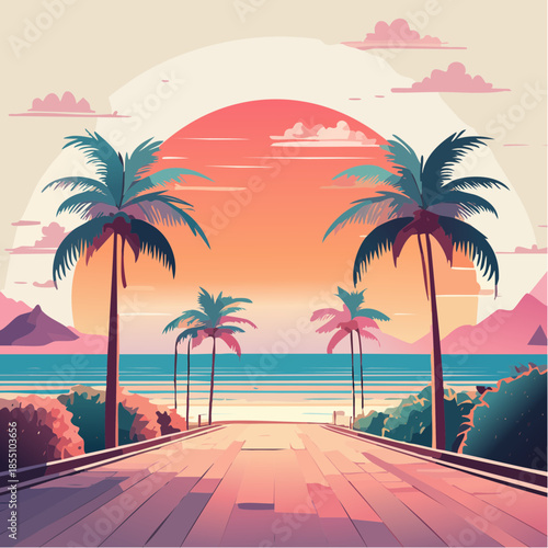 Tropical beach sunset with palm trees and a wooden path leading to the ocean.