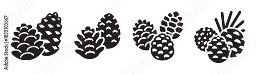 Stylized black and white pine cones are arranged in various decorative groups, showcasing the natural beauty and intricate patterns of these forest elements in a clean, graphic illustration.