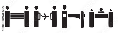 Airport travel process icons illustrating various stages of journey from check-in to arrival and customer service in a minimalist black and white design.