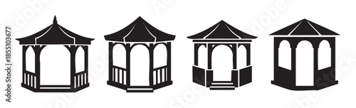 Four distinct black gazebo pavilion silhouettes showcasing various architectural styles and designs suitable for outdoor garden structures and event spaces.