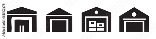 Four minimalist storage unit icons representing various commercial and industrial facilities for logistics, delivery, and inventory management.