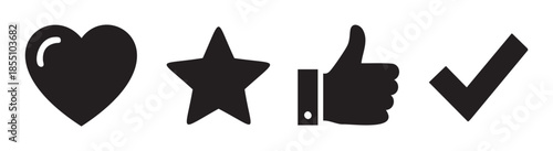 Social media feedback icons heart star thumbs up checkmark represent user engagement, positive reviews, and successful completion in digital applications.