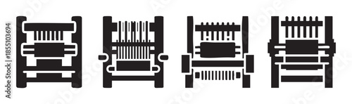 Four stylized weaving loom icons representing the intricate processes of textile manufacturing, traditional craftsmanship, and industrial production.