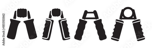 Four different hand grippers for strength training and exercise routines, essential tools for developing forearm and grip muscles.