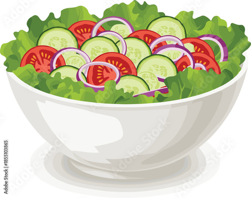 Fresh garden vegetable salad in a white bowl featuring sliced cucumbers, red tomatoes, purple onions, and green lettuce leaf greens.