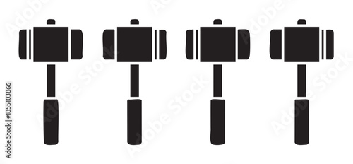 Four black silhouette mallets standing upright in a row, depicting essential tools for construction, demolition, repair, and various heavy-duty tasks.