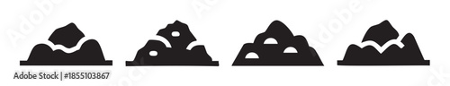 Mountain range icons in a stylized black silhouette design depicting various natural landscapes and rugged terrain for outdoor adventure graphics.
