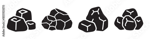 Abstract rocks and geometric shapes illustration set featuring various stylized black mineral fragments with white outlines, perfect for design elements.