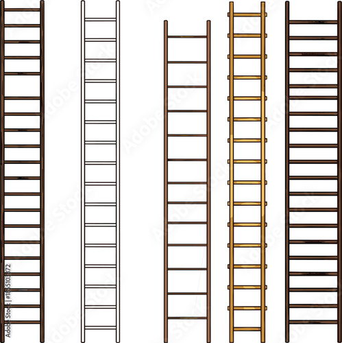 Set of wooden ladder vector illustrations featuring various tall timber step ladders isolated on white background for construction and home improvement design.