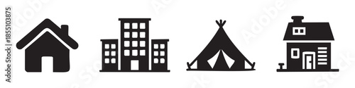 Various dwelling icons representing different types of housing and shelter, including a house, apartment building, teepee, and traditional home, for diverse accommodation concepts.
