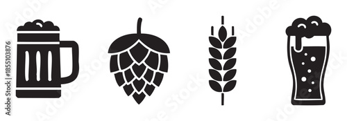 Beer icons and ingredients symbols are presented as a collection of black and white vector graphics representing brewing elements.