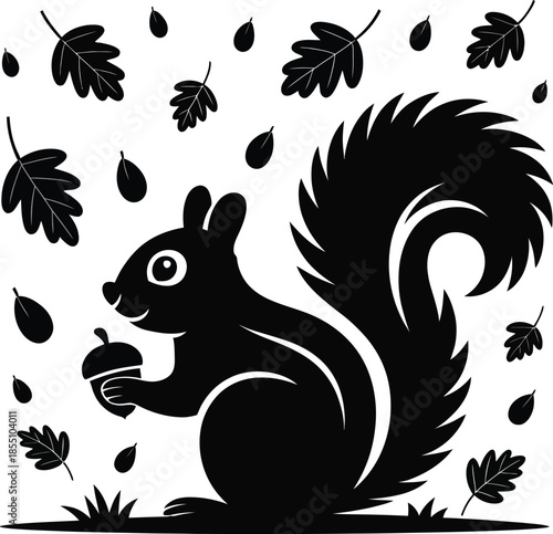 Squirrel Holding Acorn Autumn Leaves