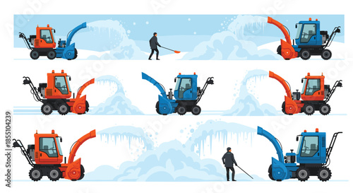 Various snow blower machines in orange and blue colors are shown being operated by people to clear deep snow from winter paths.