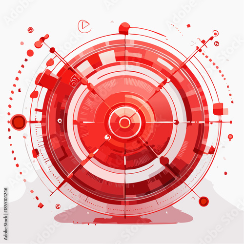 Red abstract circular technology design with intricate details and lines.