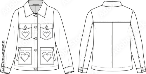 Women denim jacket technical fashion flat sketch, front and back view with heart pocket details, apparel design illustration vector