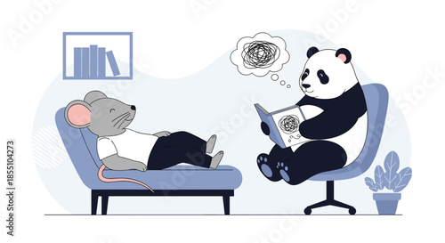 Panda therapist listens to a mouse patient lying on a couch during a psychological counseling session in a stylized cartoon illustration.