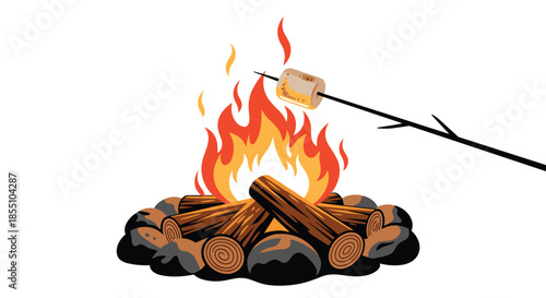 Cozy campfire with burning wooden logs and a single marshmallow being toasted on a stick represents outdoor camping and evening relaxation.
