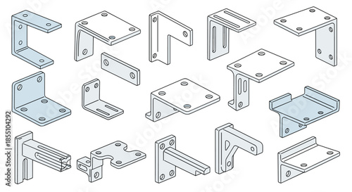Collection of various industrial metal L-brackets and structural connectors is shown in a clean line art style for engineering.