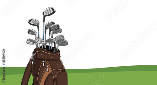 Professional set of golf clubs inside a brown leather bag stands on a green golf course to represent sports, luxury, and leisure activities.