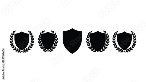 Five black shields with laurel wreaths on a white background.