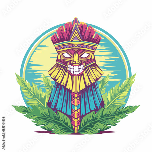 Colorful illustration of a tiki mask with a headdress, surrounded by tropical leaves and a circular background.