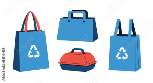 Assortment of blue reusable shopping bags and a red lunch box promotes sustainable living and eco-friendly habits for daily grocery errands.