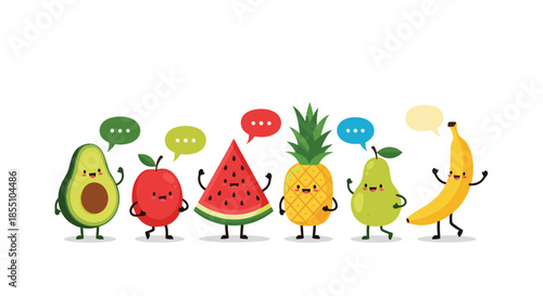 Group of cute cartoon fruit characters like avocado, apple, and banana are talking with speech bubbles to represent healthy eating for kids.