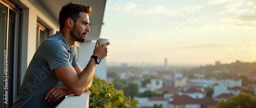 Handsome man leaning on balcony outdoors sipping coffee capturing relaxed personal moment refreshing break from indoors and introspective breath concept as Calm vantage point underlines everyday routi